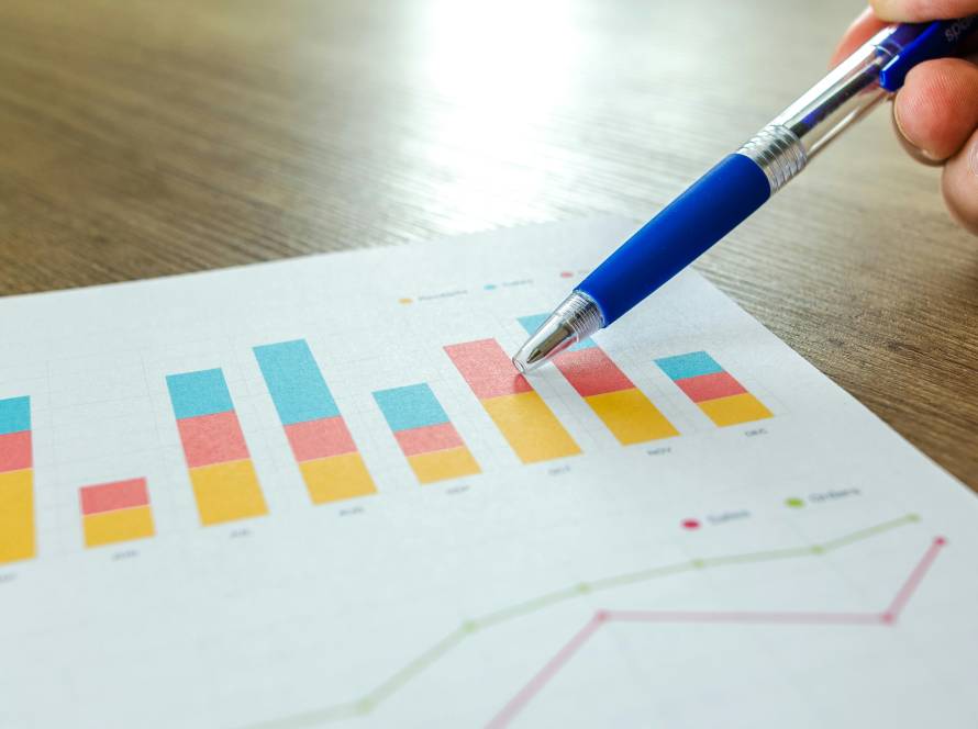 Hand pointing at colorful bar chart